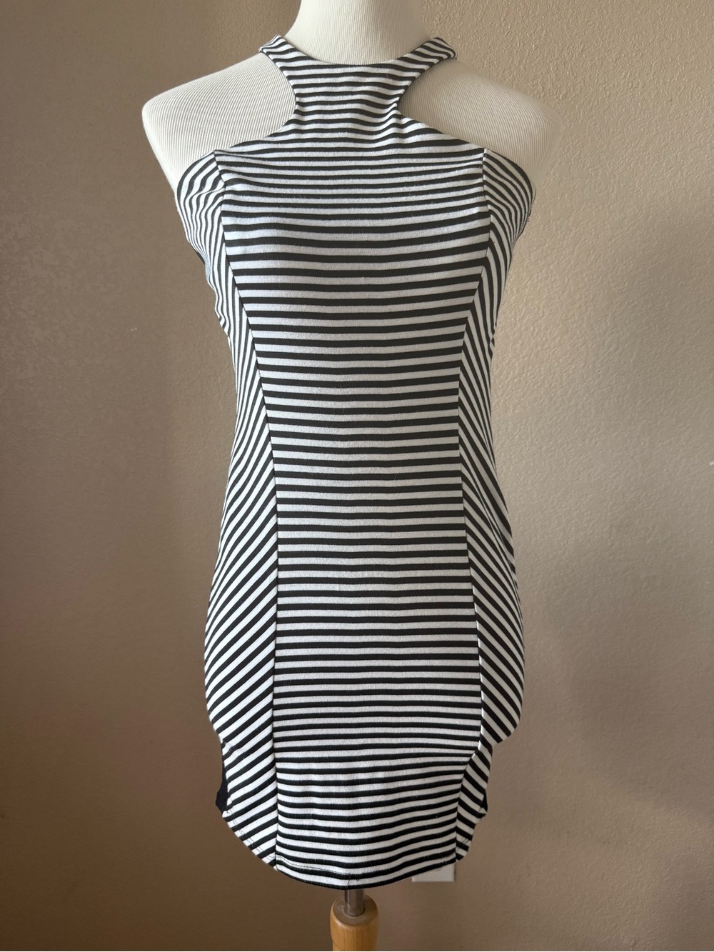Black Bead Striped Halter Mini Dress - Black & White